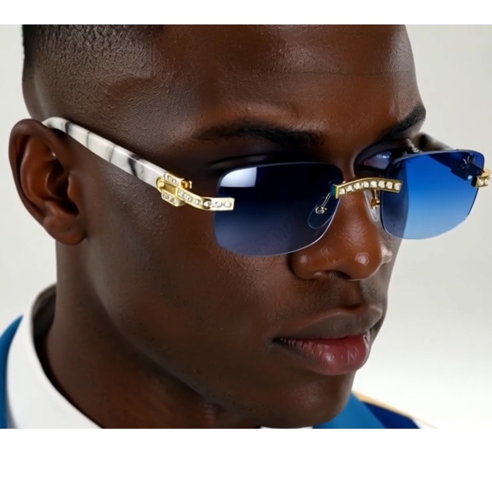 Rimless Blue Gradient Lens Sunglasses Gold Trim Rhinestone Accents Marble Arms